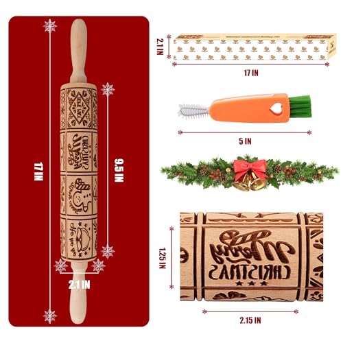 17" Wooden Rolling Pin for Baking with Christmas Embossed Designs, 3mm Deep Cookie Molds, Includes Cleaning Brush L8431