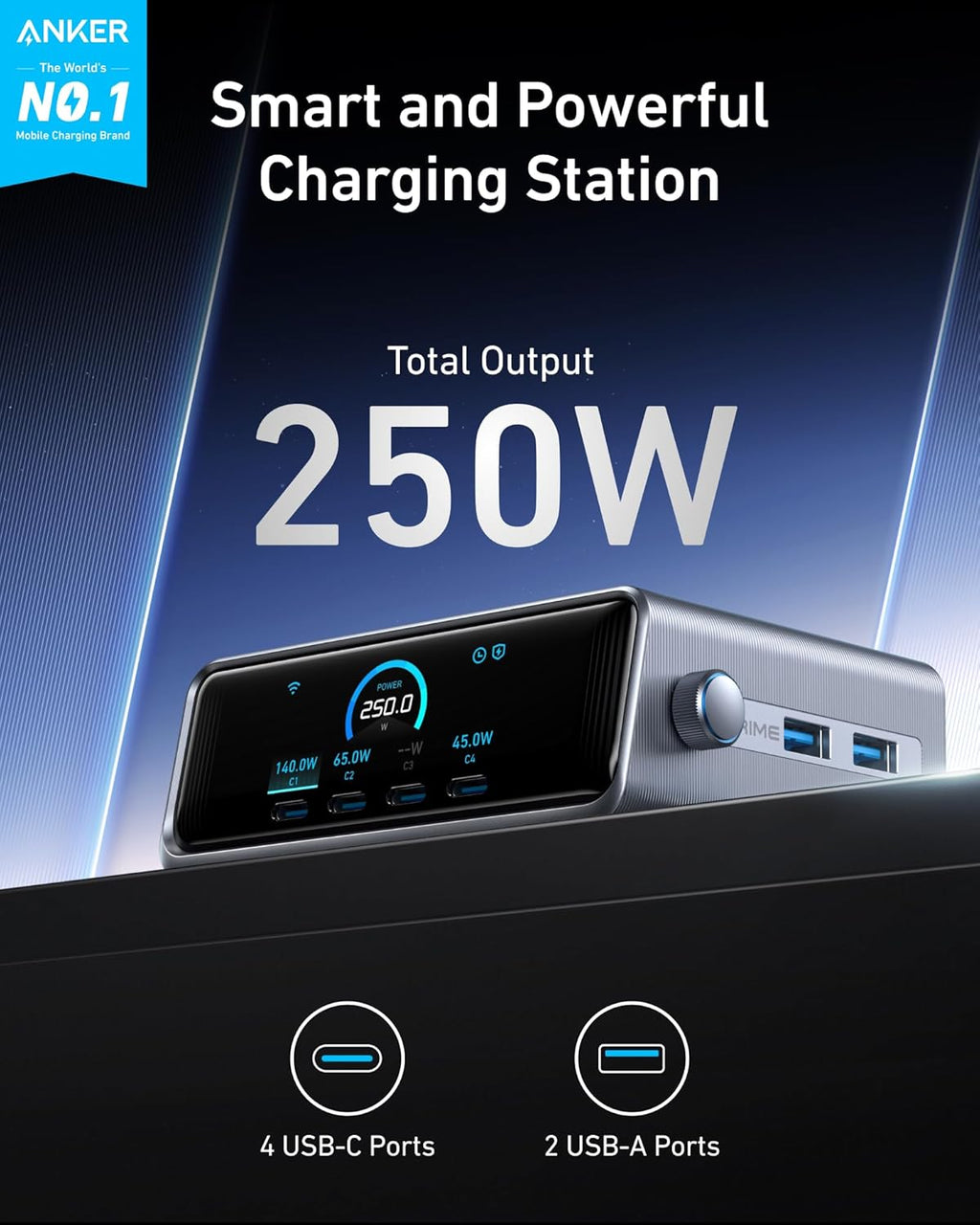 250W USB-C Charger, 6-Port GaN Charging Station with LCD Display L106