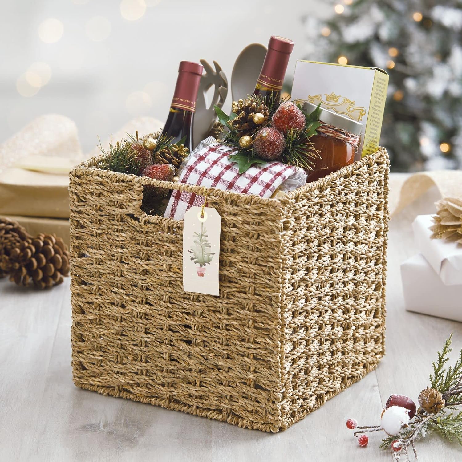 Seagrass Woven Cube Basket Organizer with Handles, 4 Pack, Natural/Tan F18071