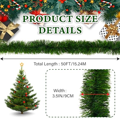 50ft Green Artificial Pine Christmas Garland for Indoor Outdoor Decor W5286