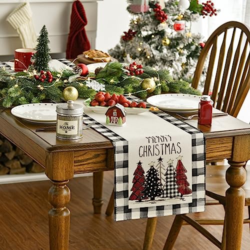 Buffalo Plaid Christmas Trees Table Runner, Winter Holiday Kitchen Dining Decor, 13 x 108 Inch D48516