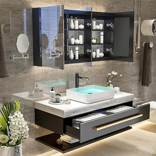 Floating Bathroom Vanity with Sink and LED Mirror, Solid Wood, Wall Mounted, Single Sink 36" R230851