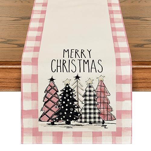 Buffalo Plaid Christmas Trees Table Runner, Winter Holiday Kitchen Dining Decor, 13 x 108 Inch D48516