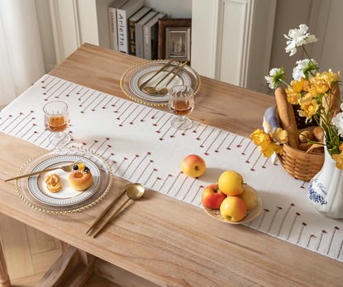 Christmas Table Runner 13 x 90 Inch Cotton Woven with Tassels Red and Beige B398787