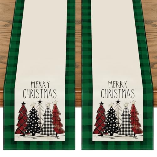 Buffalo Plaid Christmas Trees Table Runner, Winter Holiday Kitchen Dining Decor, 13 x 108 Inch D48516