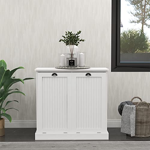 Tilt Out Trash Cabinet Laundry Sorter with Storage (White) U7684