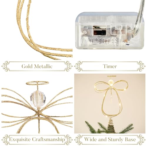 Lighted Christmas Tree Topper Angel with Timer, 10 Inch Pre-Lit Gold Metal V305