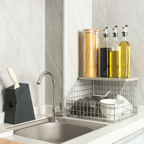 Stackable Wall Mounted Wire Fruit Basket with Wood Lid, 2-Tier Vegetable Organizer for Kitchen M64958