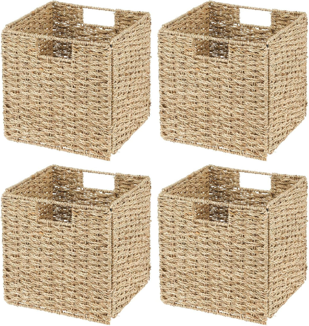 Seagrass Woven Cube Basket Organizer with Handles, 4 Pack, Natural/Tan F18071