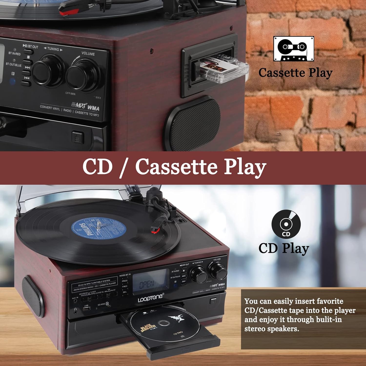 10 in 1 Bluetooth Record Player with Vinyl Turntable, CD, Cassette, AM/FM Radio N5434