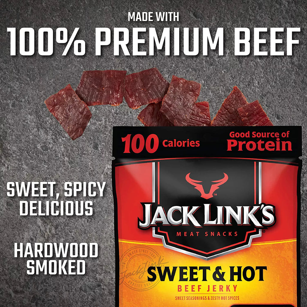 Beef Jerky Sweet and Hot, High Protein Meat Snack, 1.25 oz, 2 Bags Q44091