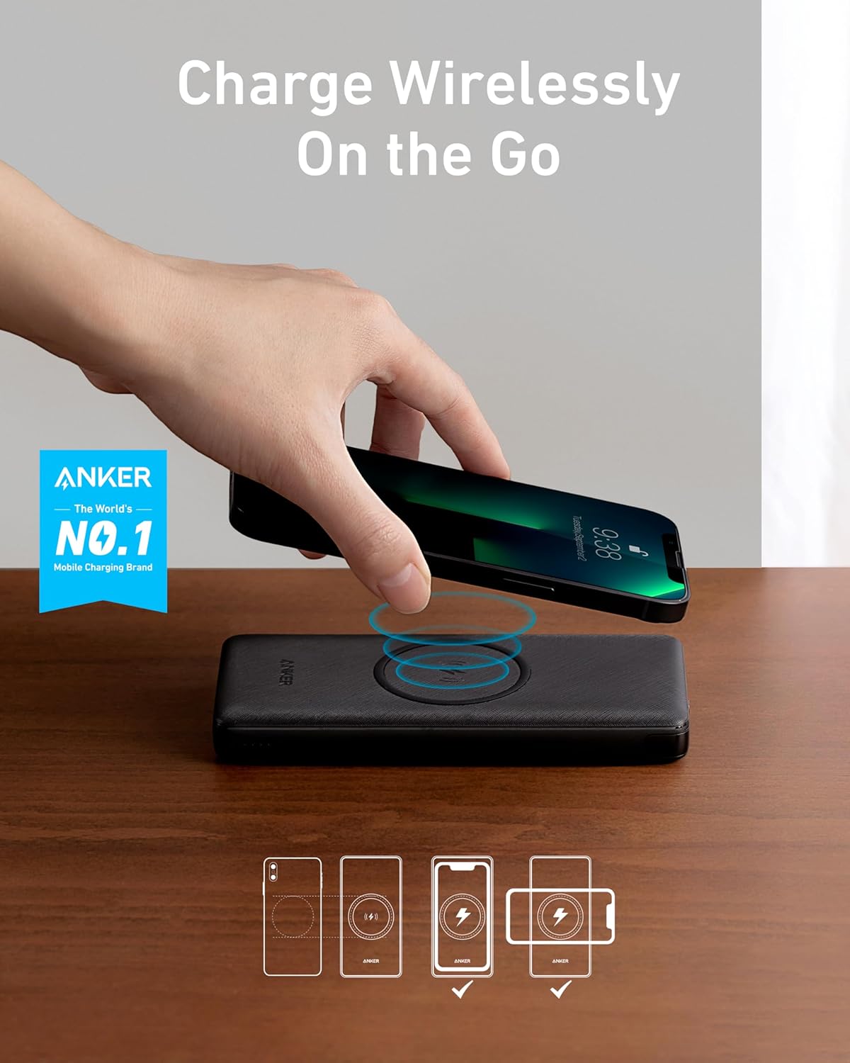 10,000 mAh Wireless Portable Charger with 10W Qi-Certified Charging and 18W USB-C Quick Charge A484
