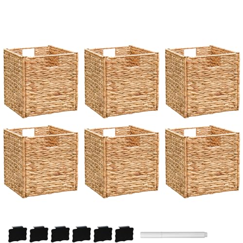 Storage Baskets Wicker Cube Baskets Foldable Handwoven Storage Baskets Bins with Handles Water Hyacinth Laundry Organizer Totes with Letter Boards and White Markers Set of 4 Pcs,12x12x12inch