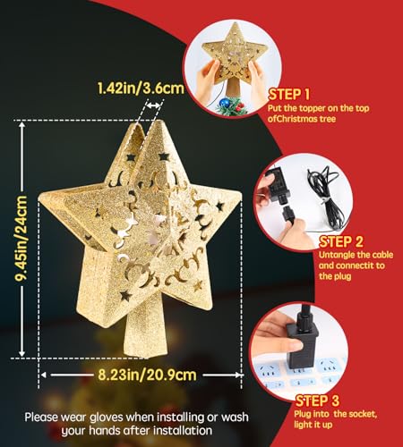 Christmas Tree Star Topper with LED Snowflake Projector, Plug In for Indoor Holiday Decor K8471