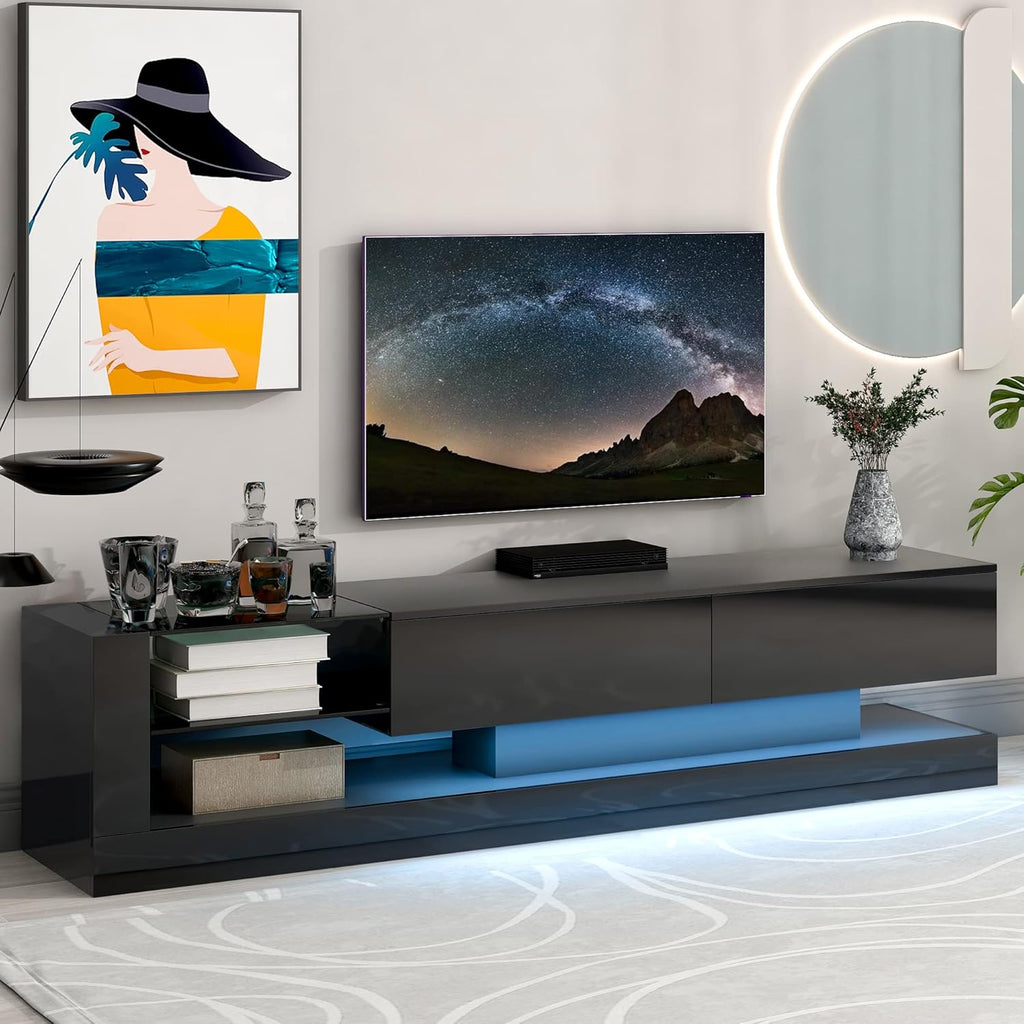 High Gloss TV Stand with LED Lights and 2 Media Storage Cabinets for 75 Inch TV U5066