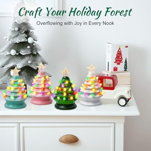 5 Inch Mini Ceramic Christmas Tree Set - 4 Pack Pre-lit Tabletop with Multicolored LED Lights Y881548