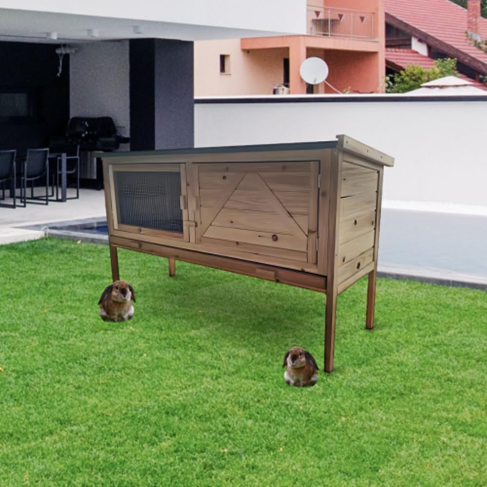 Wooden Rabbit Hutch with Open Roof and Pull Out Tray W764165
