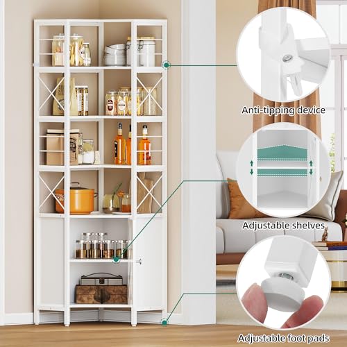 Corner Bookshelf with Storage, 7-Tier Shelf with Doors, White V7438