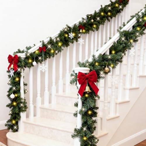 Christmas garland with lights, 9ft pre-lit for stairs and mantle I297