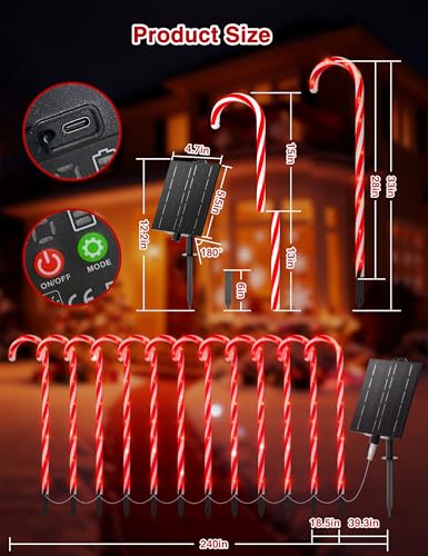 24 Pack 28" Solar Candy Cane Path Lights, 264 Bright LEDs Waterproof Outdoor Yard Garden Decor E537