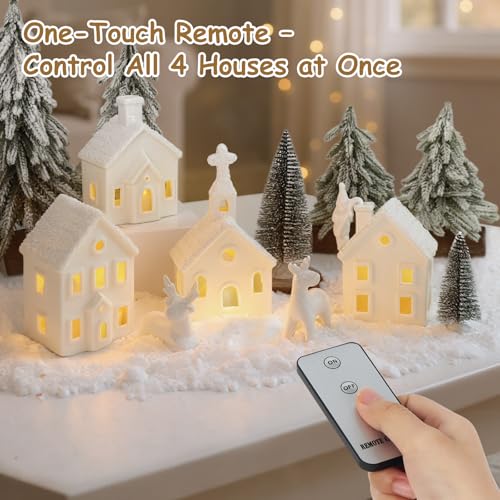Christmas Village Set with 4 Lighted Ceramic Houses, 2 Trees, 2 Deer & Santa Y953107