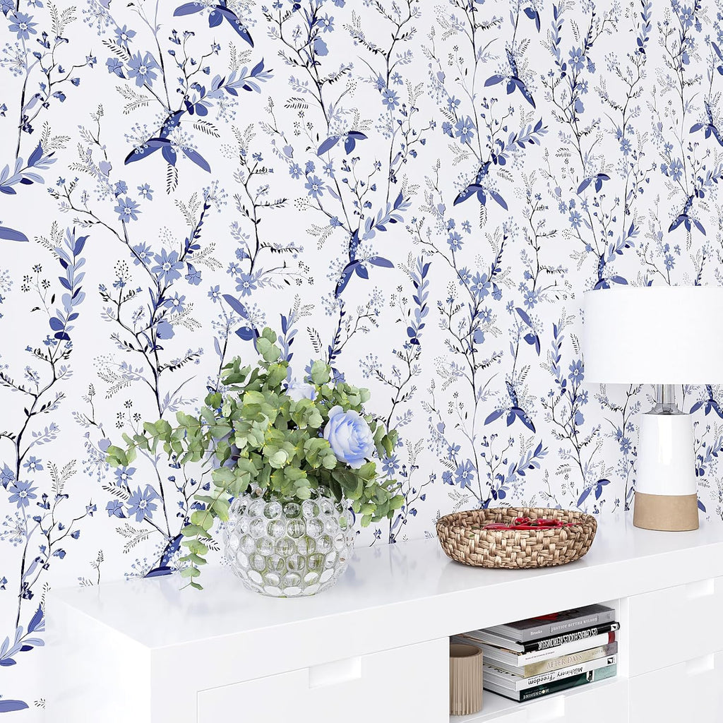 Blue Botanical Floral Peel and Stick Wallpaper for Bedroom Walls Z603