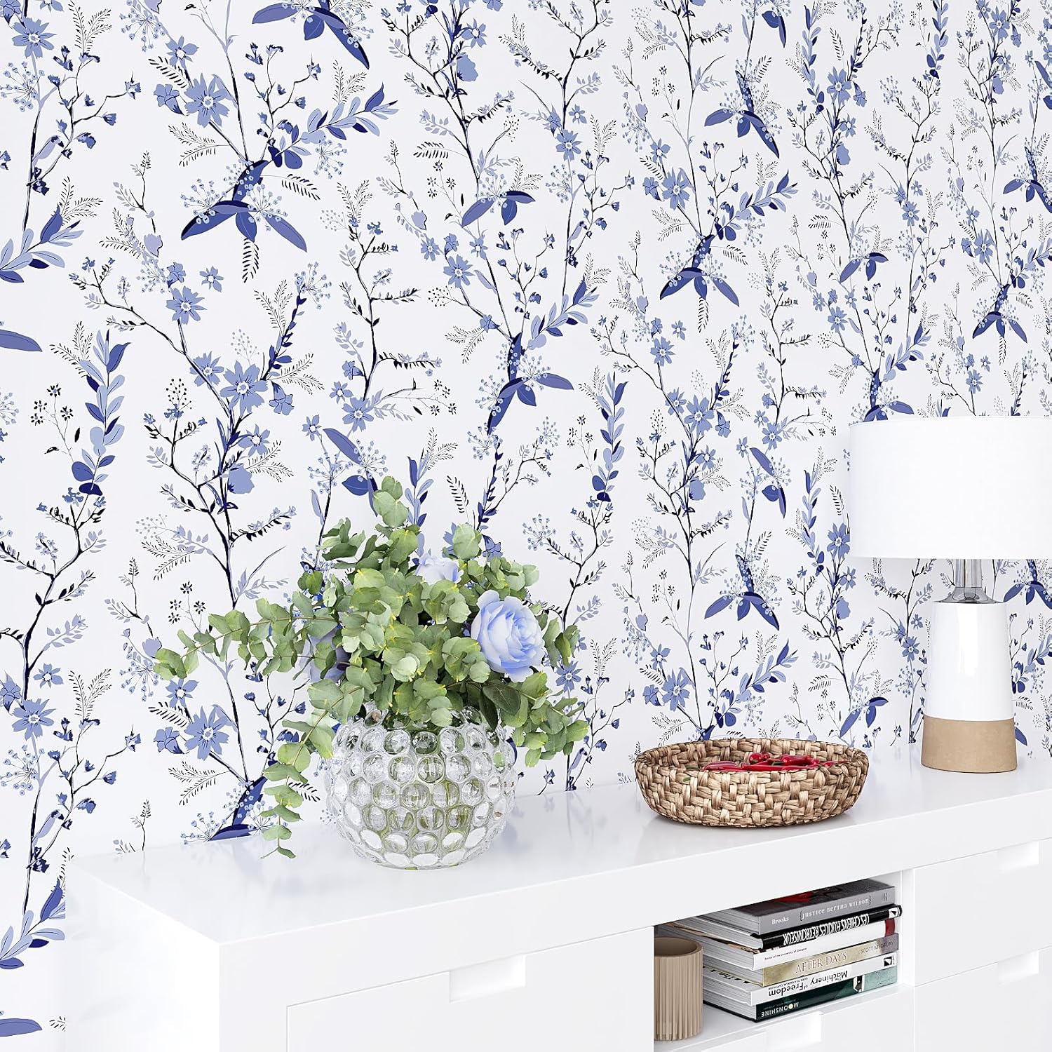 Blue Botanical Floral Peel and Stick Wallpaper for Bedroom Walls Z603