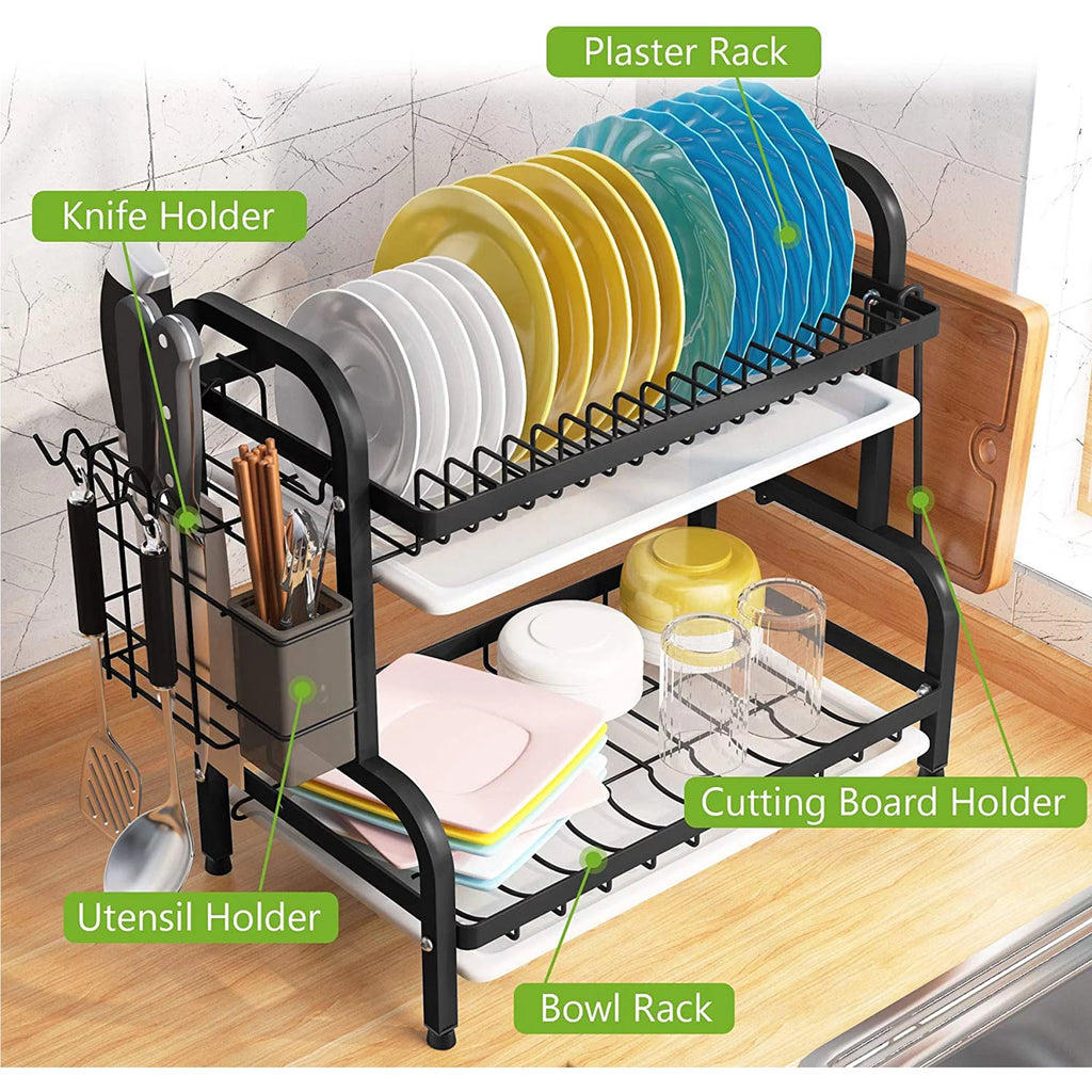 Over the Sink Dish Drying Rack - Adjustable 2-Tier Large Kitchen Organizer with Cutting Board Holder Y932