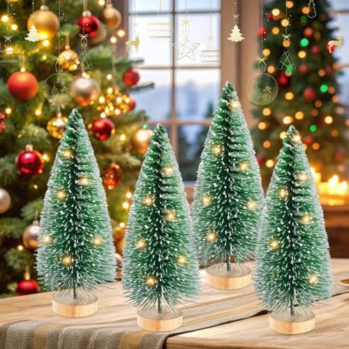 12 Pcs Mini Christmas Trees with Lights, 4" Artificial Bottle Brush Trees with Wooden Bases P243973