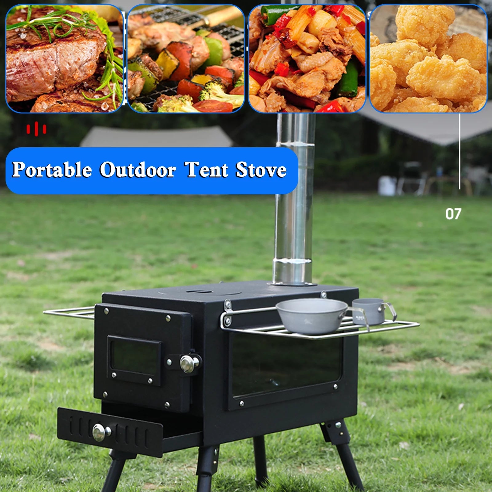 Camping Tent Stove with Window and Chimney Pipe, Portable Wood Burning Stove R987592