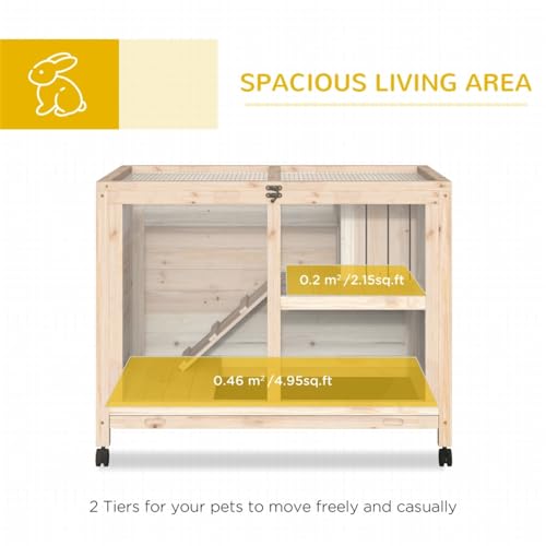 Wooden Rabbit Hutch with Tray, Wheels, Ramp and Openable Roof T9678