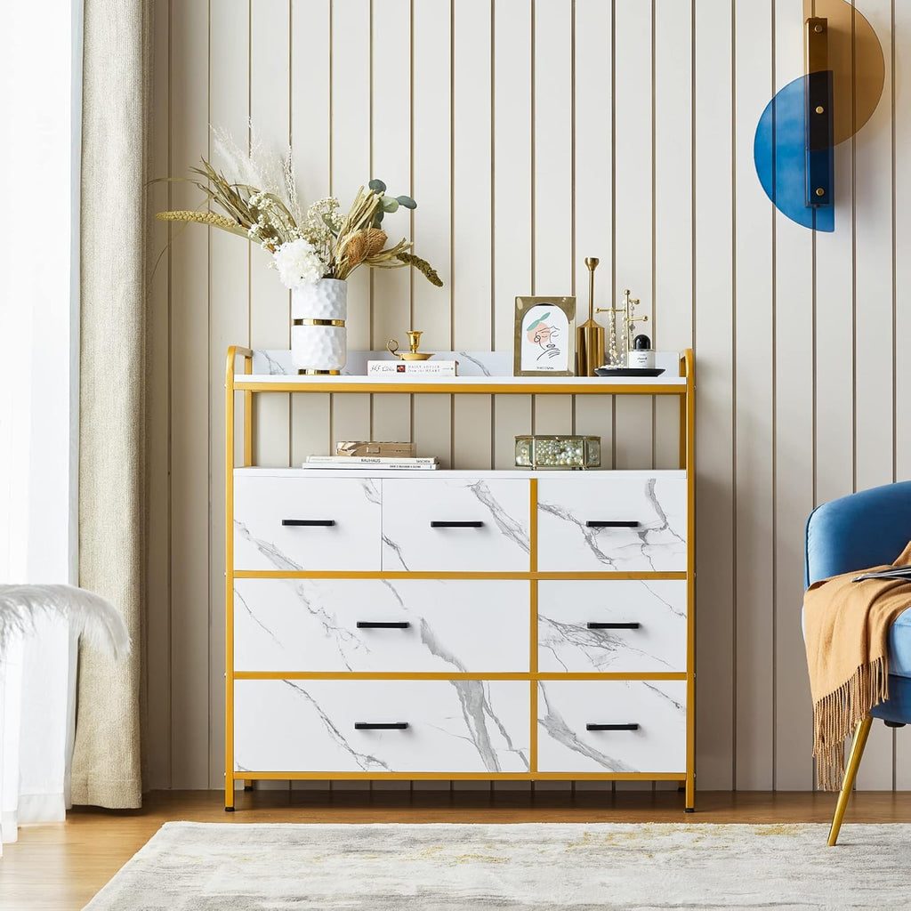 White Dresser with 7 Drawers and Double Shelf for Bedroom D1851