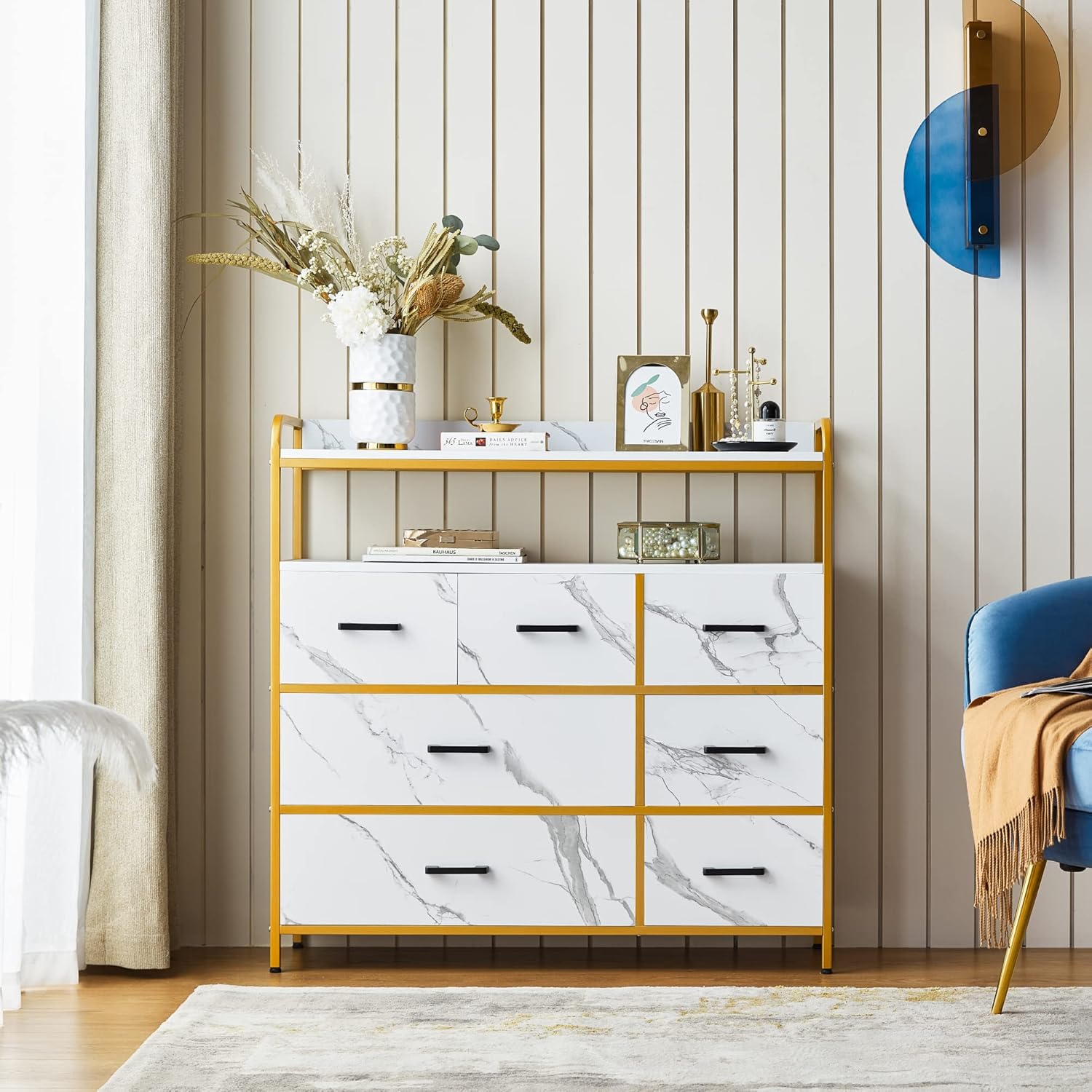 White Dresser with 7 Drawers and Double Shelf for Bedroom D1851