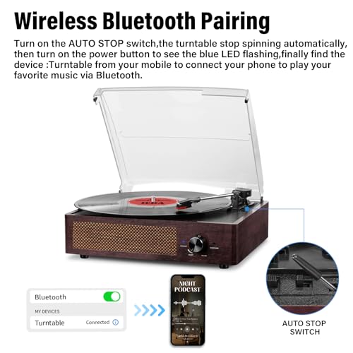 Vinyl Record Player Turntable with Bluetooth and Stereo Speakers, 3 Speed, Portable Retro Design (Orange) D7889