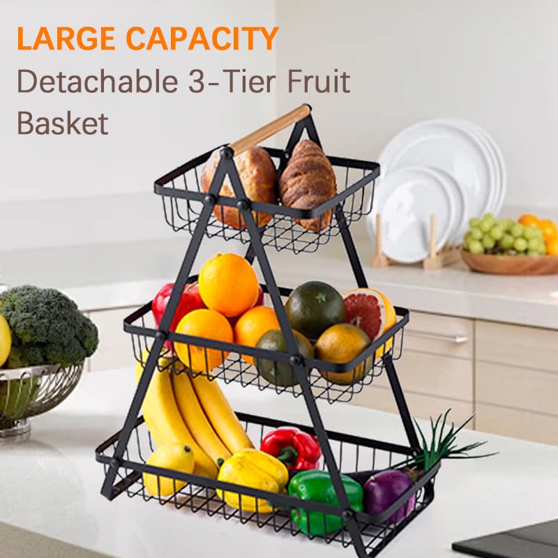 3 Tier Countertop Fruit Basket, Detachable Metal Storage E7654