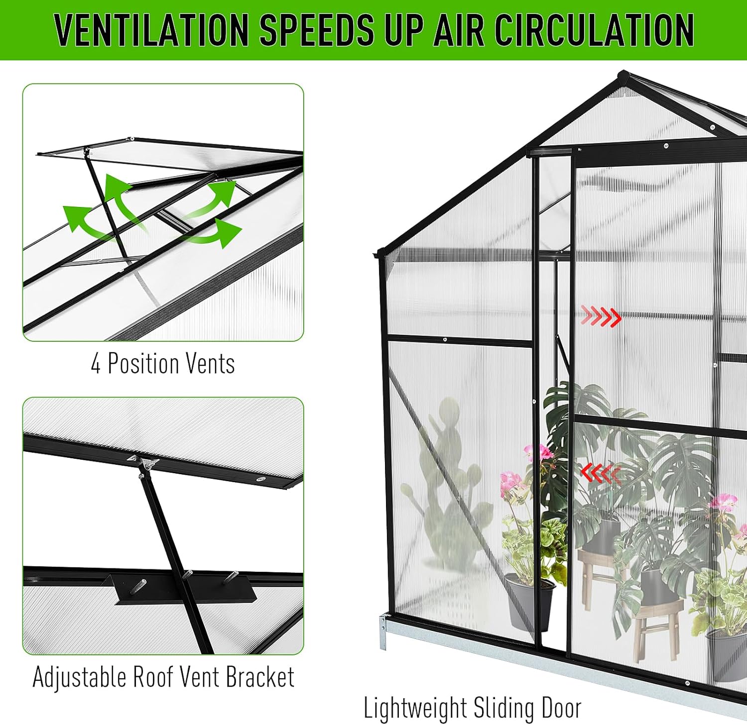 10x6 FT Polycarbonate Greenhouse with Sliding Door and Adjustable Vent Window J403189
