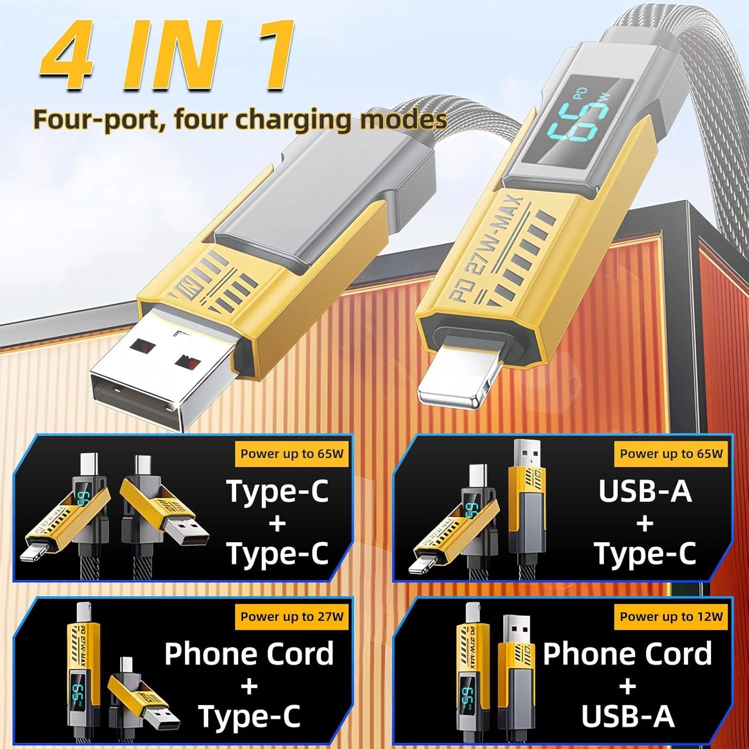 USB 65W 4-in-1 fast charging cable 6.6FT with LED display T472808