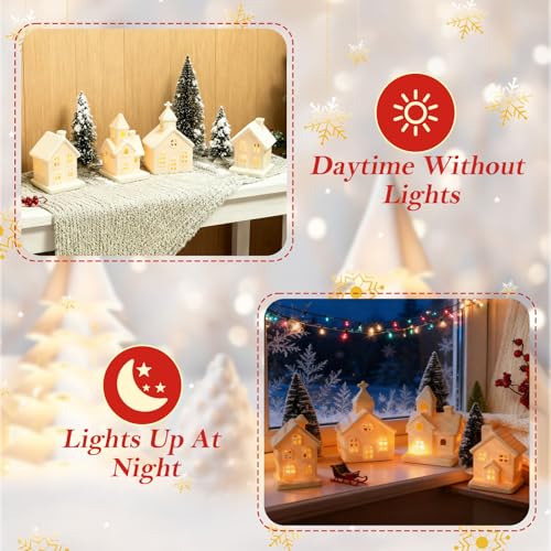 7PCS Christmas Village Sets - 3 LED Lighted Ceramic Houses with Remote & 4 Trees D535