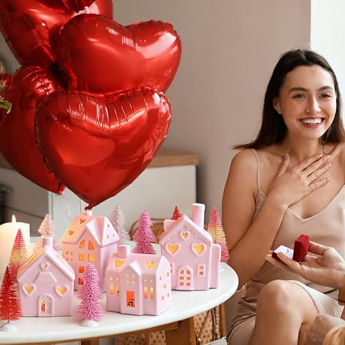 Pink Christmas Ceramic Village Decorations with Lighted Houses and Mini Pine Trees I1734
