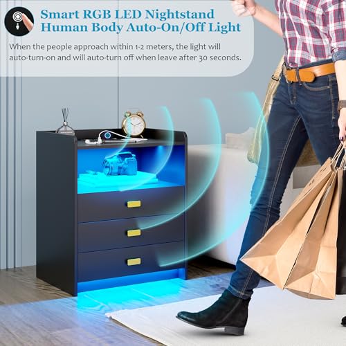 Nightstand with Charging Station, LED Night Stand with 24 Colors, 3 Drawers and Open Storage, USB Ports for Bedroom, White R1651