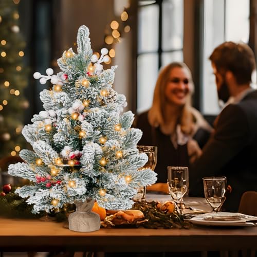 Flocked Artificial Mini Christmas Tree with Lights, Tabletop Decor W784363