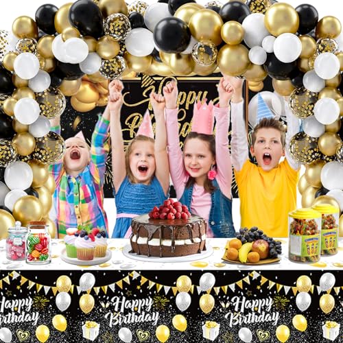Rose Gold Birthday Party Decorations, 121PCS Party Supplies with Backdrop, Balloon Arch Kit, Tablecloth, Banner D69059