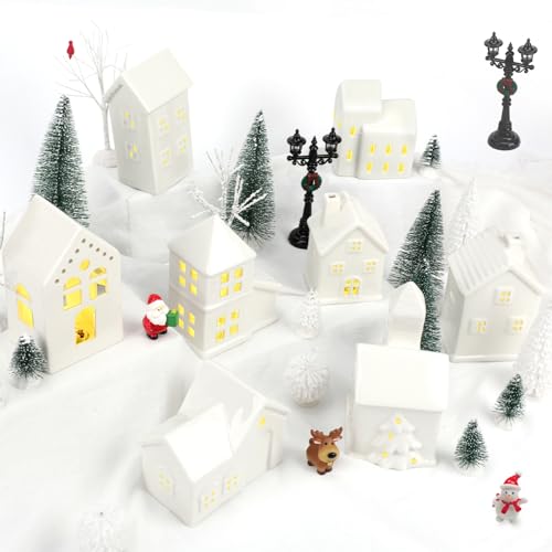 LED Christmas Village Set with 8 Ceramic Houses and 17 Trees Q91350