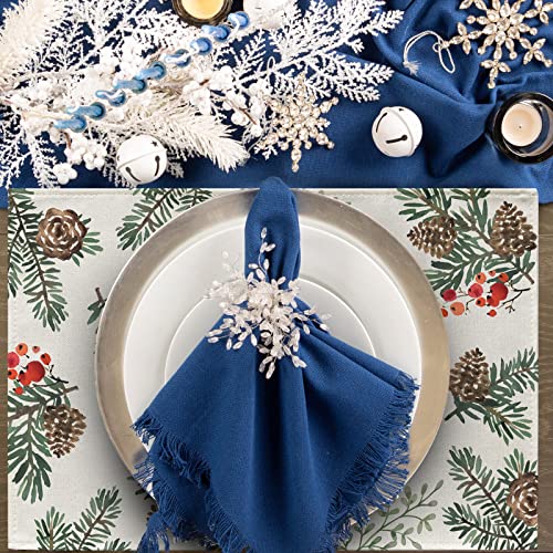 Winter Pine Cone Needle Branch Berry Table Runner, Watercolor Botanical Tabletop Scarf, Christmas Farmhouse Holiday Dining Decoration O823579