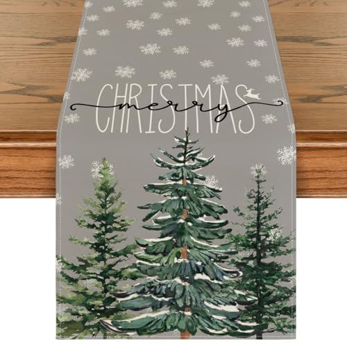 Beige Pine Tree Snowflake Christmas Table Runner, Winter Holiday Kitchen Dining Decoration, 13 x 72 Inch B27382