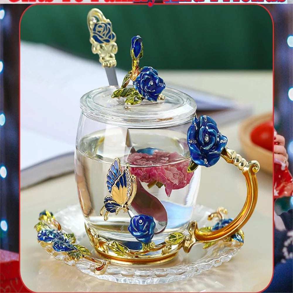 Vintage Enamel Glass Tea Cup with Lid, Coaster and Spoon, 320ml Q596276