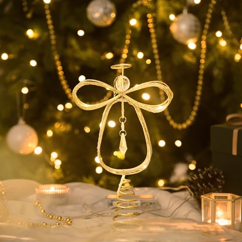 Lighted Christmas Tree Topper Angel with Timer, 10 Inch Pre-Lit Gold Metal V305