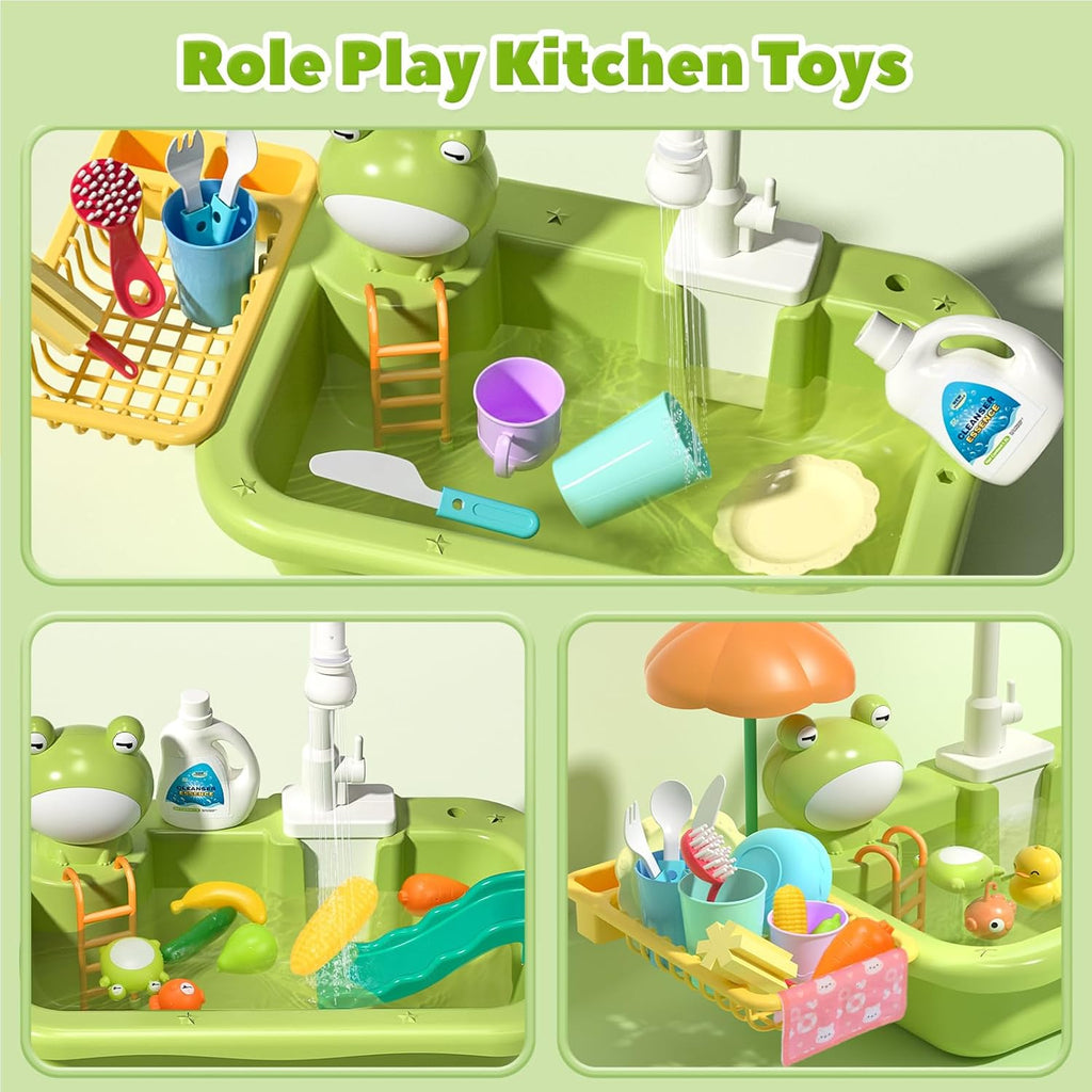 Play Sink with Running Water, Kitchen Sink Toys with Electric Faucet, Kids Pots and Pans Set with Play Food and Storage Basket C7518