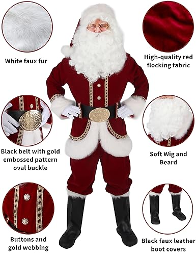 Men's Deluxe Santa Claus Costume 11pcs Red Christmas Outfit X313210