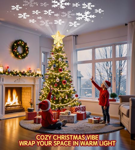Christmas Tree Star Topper with LED Snowflake Projector, Plug In for Indoor Holiday Decor K8471